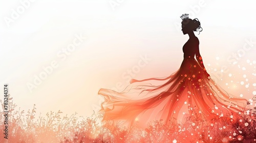 banner background International Beauty Pageant Day theme, and wide copy space, Silhouette of a woman in a flowing dress with a crown above her head, set against a plain backdrop