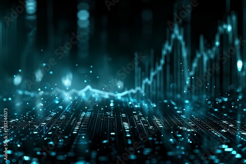 Display of a stock market graph in freefall, Blue tones and sparkling data points on a digital graph weave through a cityscape, depicting calm technological progress.