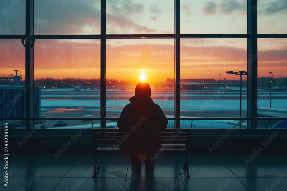 As sun sets, man waits for flight under window in an airport terminal hall AI Generative