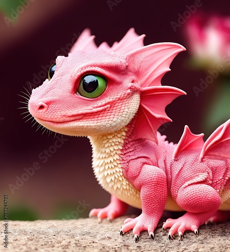 A pink dragon standing on a rock  looking up at the sky.