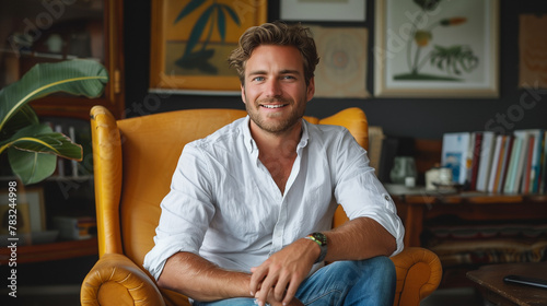 Handsome 30 years old man smile and sitting in chair in cozy interior (face portrait, close up)