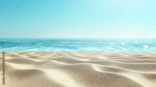 Abstract beach background, clear and soft blue sky with smooth fine sand of delicate color. In the foreground of the painting is a large area of ​​beige fine sand with wavy ripples on it.