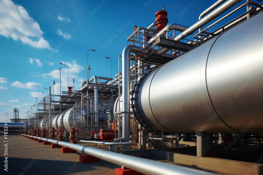Row of metal tanks, industrial plant, oil refinery on blue sky background. Row of metal tanks, industrial plant, oil refinery on blue sky background.
