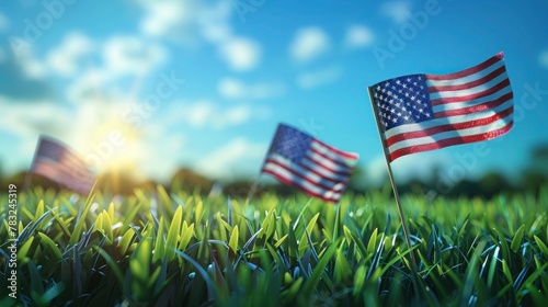 Patriotic Memorial Day Flags on Grassy American Background - AI Generated