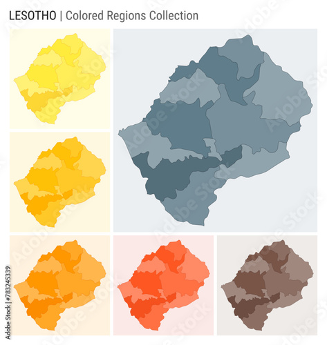 Lesotho map collection. Country shape with colored regions. Blue Grey, Yellow, Amber, Orange, Deep Orange, Brown color palettes. Border of Lesotho with provinces for your infographic.