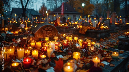 Cemetery All Saints Day Celebration: Lit Candles and Autumn Leaves Among Graves at Night