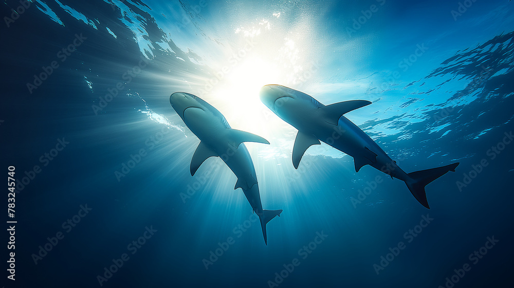 Obraz premium Shark Silhouette Swimming in Blue Ocean