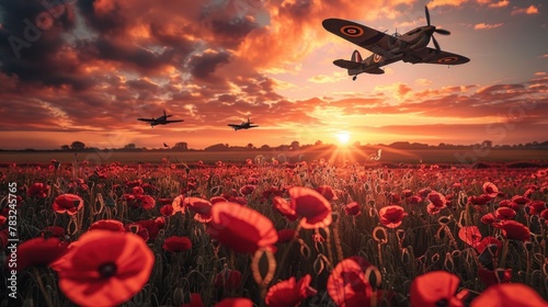 Remembrance Day Sunset Tribute with Poppy Field and WW Planes: Lest We Forget photo