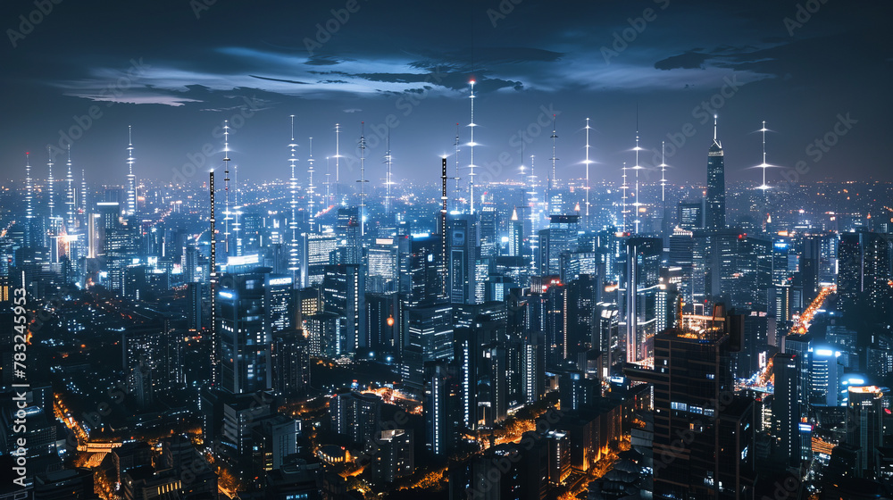 Technological innovations against the backdrop of a night city create a futuristic picture, where every element of the environment reminds you of connecting to a wireless network.