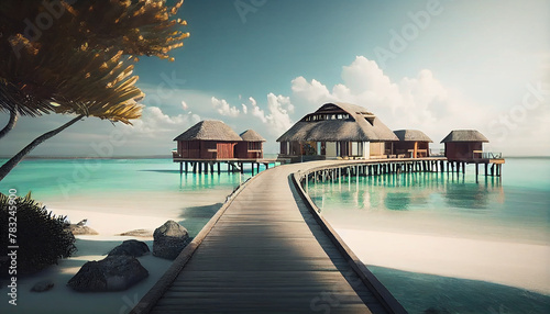 Maldives paradise island. Tropical landscape  coast seascape water bungalows villas with amazing sea lagoon beach. Exotic tourism destination summer vacation of minimalist background  Ai generated