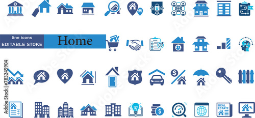 Home icon set. Containing house, property, loan, town, landlord, insurance, location, mortgage, for sale and more. Solid vector icons collection.