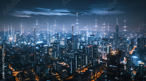 Technological innovations against the backdrop of a night city create a futuristic picture, where every element of the environment reminds you of connecting to a wireless network.