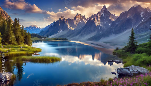 desktop Photo lake in mountains -photo of a beautiful view of a lake surrounded by mountains-background and wallpaper .