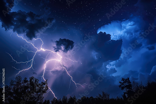 A thunderstorm's bright lightning illuminates night sky at night AI Generative