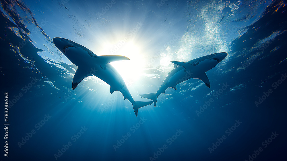 Obraz premium Shark Silhouette Swimming in Blue Ocean