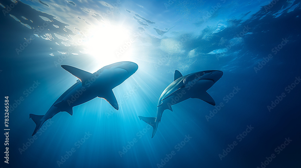Obraz premium Shark Silhouette Swimming in Blue Ocean