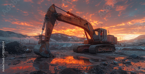 A large orange and black construction vehicle sits in a muddy field. The sun is setting in the background, casting a warm glow over the scene