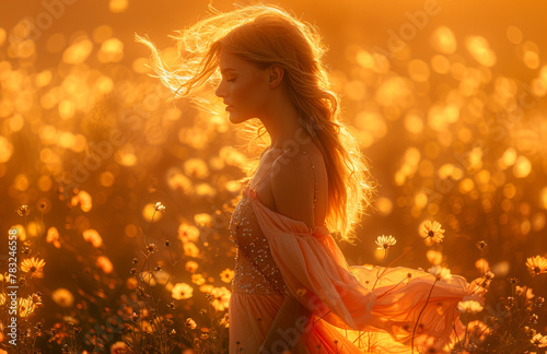 A woman is standing in a field of yellow flowers. She is wearing a pink dress and her hair is blowing in the wind.