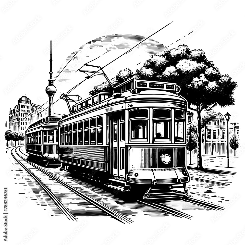 classic tram moving along an urban street with buildings and trees in the background sketch engraving generative ai PNG illustration. Scratch board imitation. Black and white image.