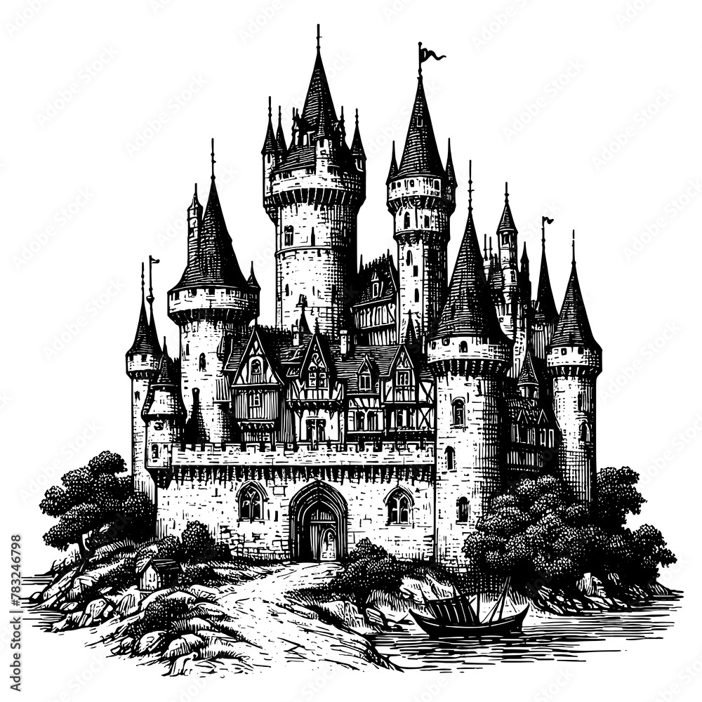 majestic medieval fantasy castle on rocky terrain sketch engraving generative ai fictional character PNG illustration. Scratch board imitation. Black and white image.