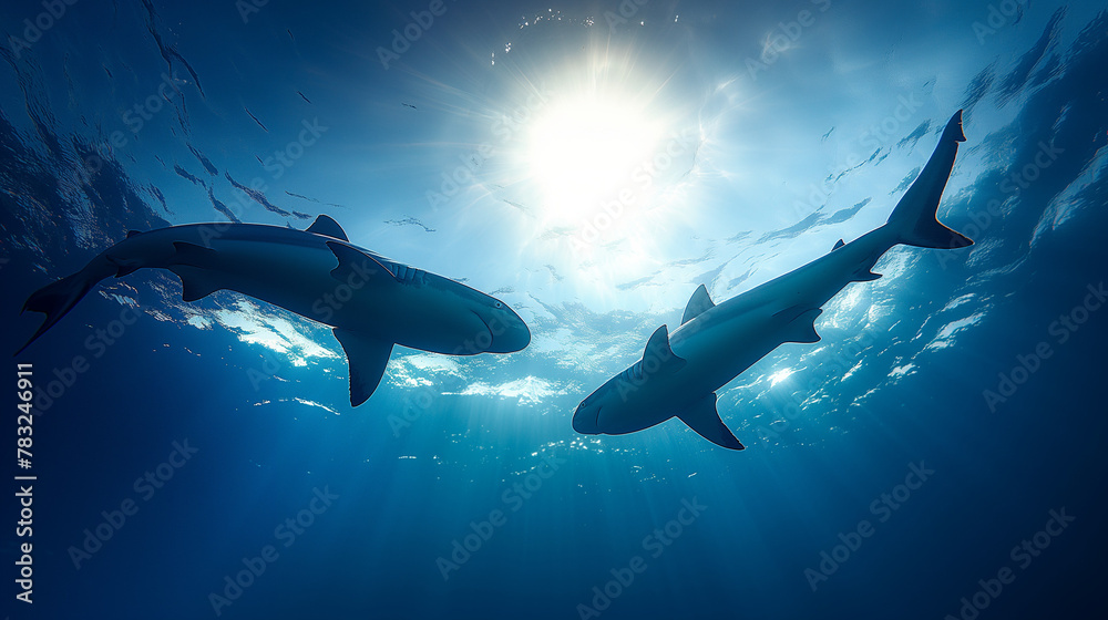 Fototapeta premium Shark Swimming in the Blue Sea: Underwater Illustration of a White Shark, a Predatory Fish, in its Natural Habitat