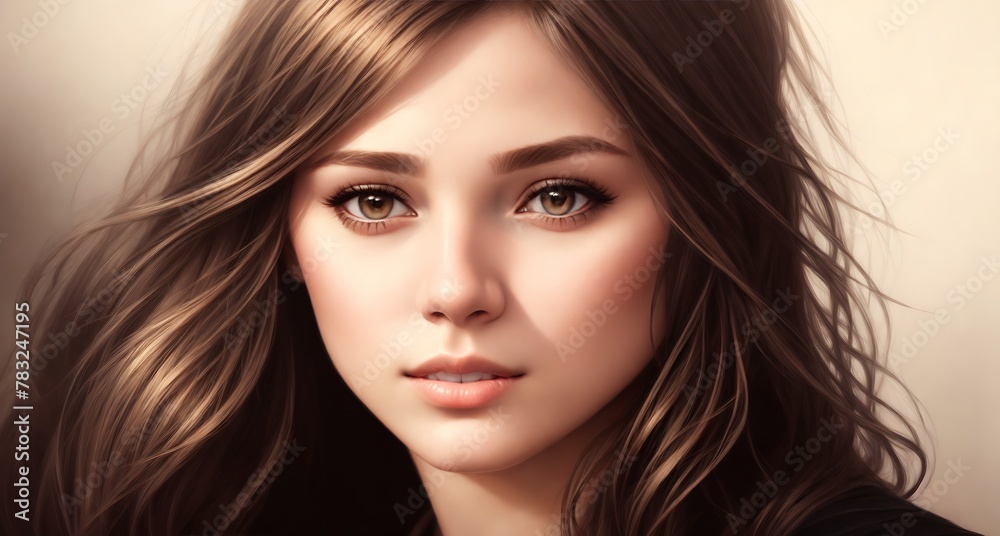A young woman with long, wavy brown hair and piercing blue eyes. A young woman with long, wavy brown hair and piercing blue eyes.