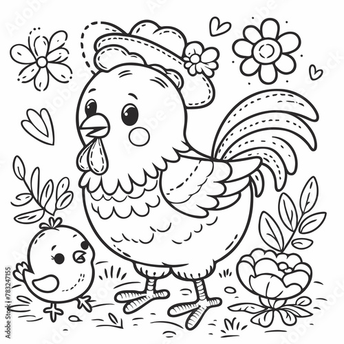 illustration of lineart design by childish style about holiday chicken for coloring book and poster design