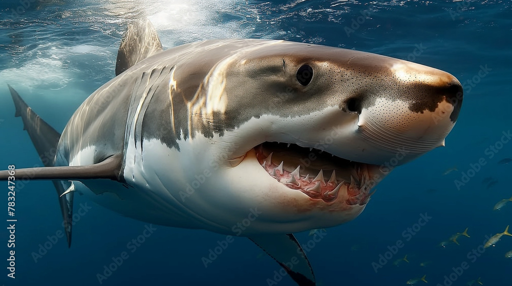 Naklejka premium Great White Shark Swimming in the Deep Blue Caribbean Waters