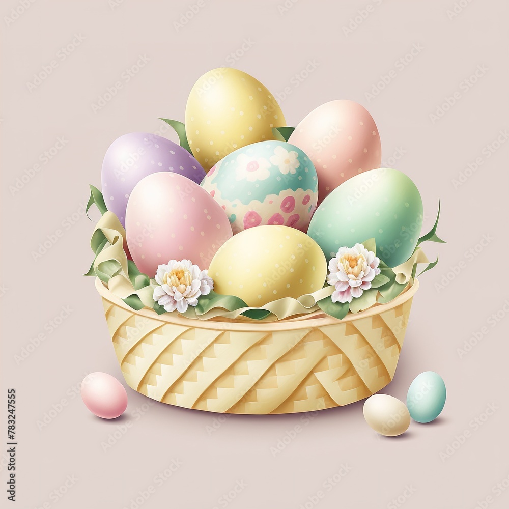 A basket filled with colorful eggs.