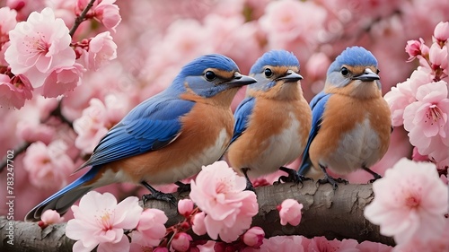 A pair of inquisitive bluebirds exploring a blooming cherry blossom tree