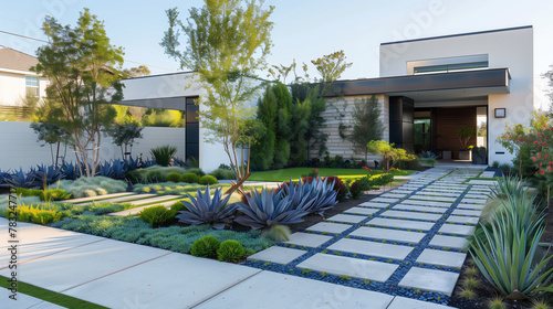 Contemporary House with Geometric Landscaping and Pathway at Twilight, AI Generation photo