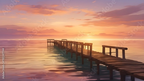  Digital illustration depicting an old wooden pier extending into a tranquil sunset  with emphasis on the splendor of the sunset colors and the peaceful mood of the scene  inspired by impressionist ar