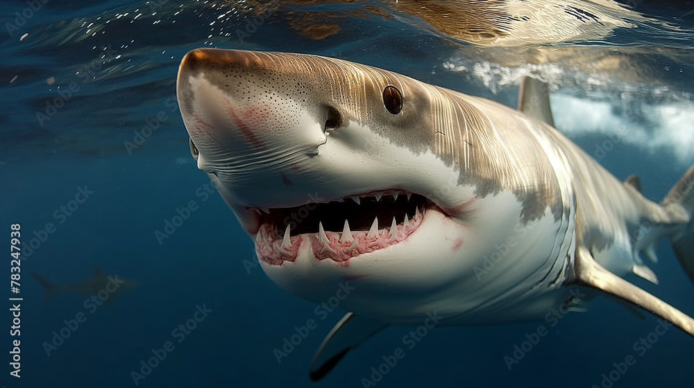 Naklejka premium Great White Shark Swimming in the Deep Blue Caribbean Waters