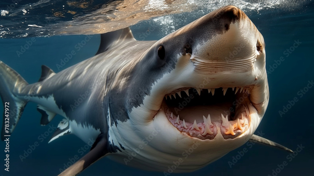 Naklejka premium Great White Shark Swimming in the Deep Blue Caribbean Waters