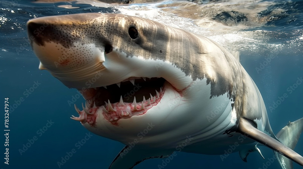Naklejka premium Great White Shark Swimming in the Deep Blue Caribbean Waters