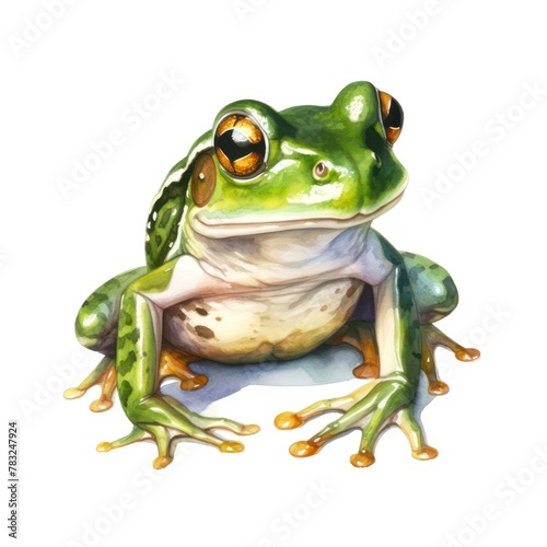 Watercolor illustration of a green frog isolated on white background.