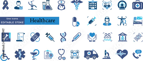 Healthcare icon set. Containing treatment, prevention, medical, health, diagnosis, report, illness, injury and more. Solid vector icons collection.