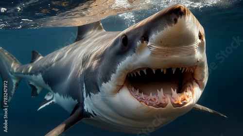 Great White Shark Swimming in the Deep Blue Caribbean Waters © Panyamethi