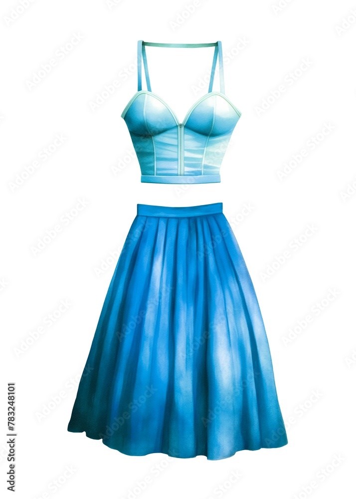 Obraz premium Blue skirt and top isolated on white background, watercolor illustration.