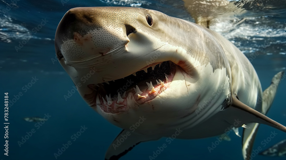 Naklejka premium Great White Shark Swimming in the Deep Blue Caribbean Waters