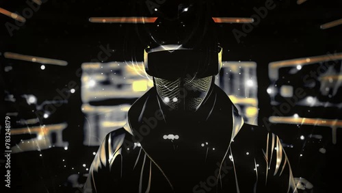 Hacker in a black mask on a futuristic background. Moving bokeh particles, 3D animation