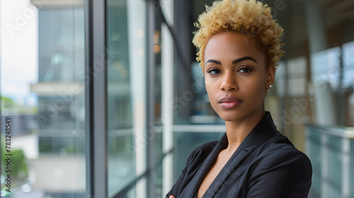 Young african business woman with blond short afro hair looking serious on camera inside modern office - Models by AI generative