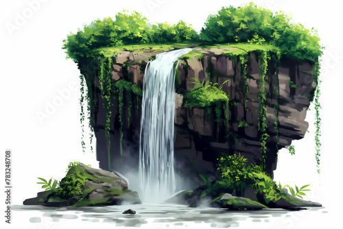 Waterfall in the forest. Waterfall on the rocks. Vector illustration.