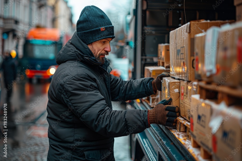 A worker in a blue beanie and grey jacket diligently unloads packages from the back of a delivery van in an urban setting A worker in a blue beanie and grey jacket diligently unloads packages from the back of a delivery van in an urban setting
