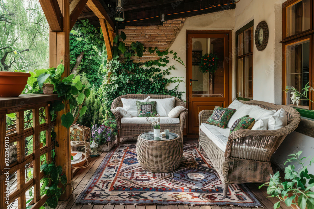 Cozy terrace in country house or hotel in summer Interior design of patio in rural style.