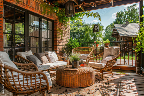 Cozy terrace in country house or hotel in summer Interior design of patio in rural style.