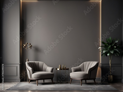 Luxury living room in dark color. Gray walls, warm light and lounge furniture - taupe chairs. Empty space for art or picture. Rich interior design. Mockup of a lounge room or hall reception. 3d render