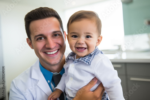 Male doctor holding up a smiling baby