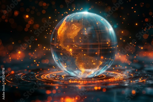 Fiery digital orb - the world's data pulse emanating from a global epicenter.