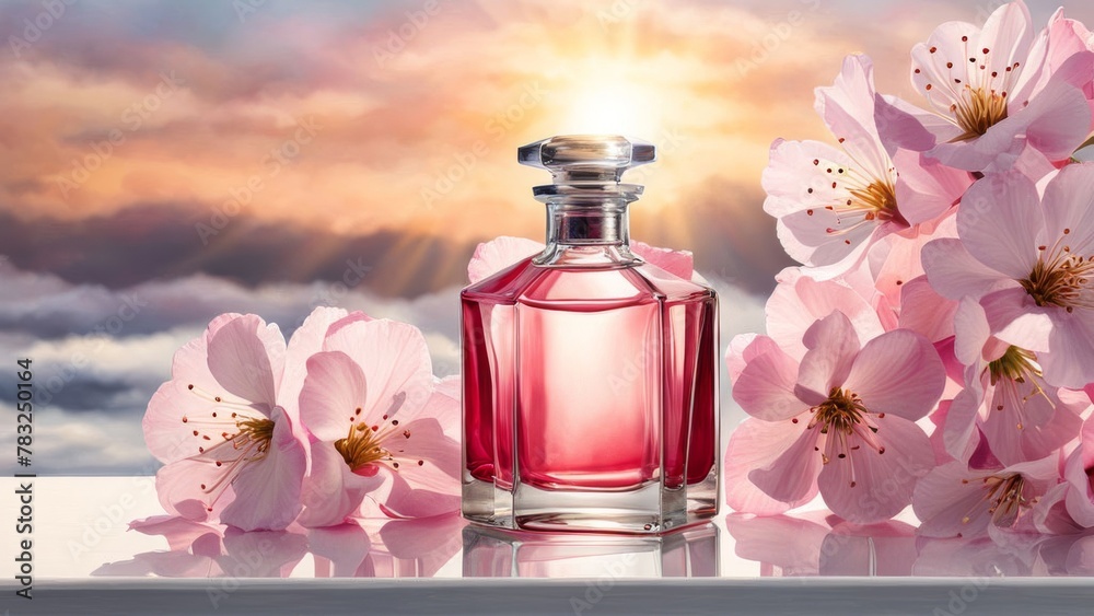 Perfume bottle with pink flowers on blue sky and clouds background Perfume bottle with pink flowers on blue sky and clouds background